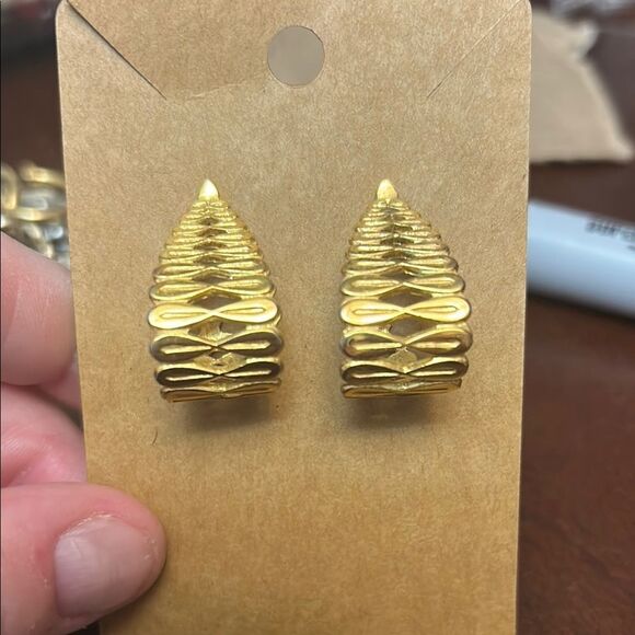 Gold Geometric Stud Earrings with Textured Design - Picture 1 of 5
